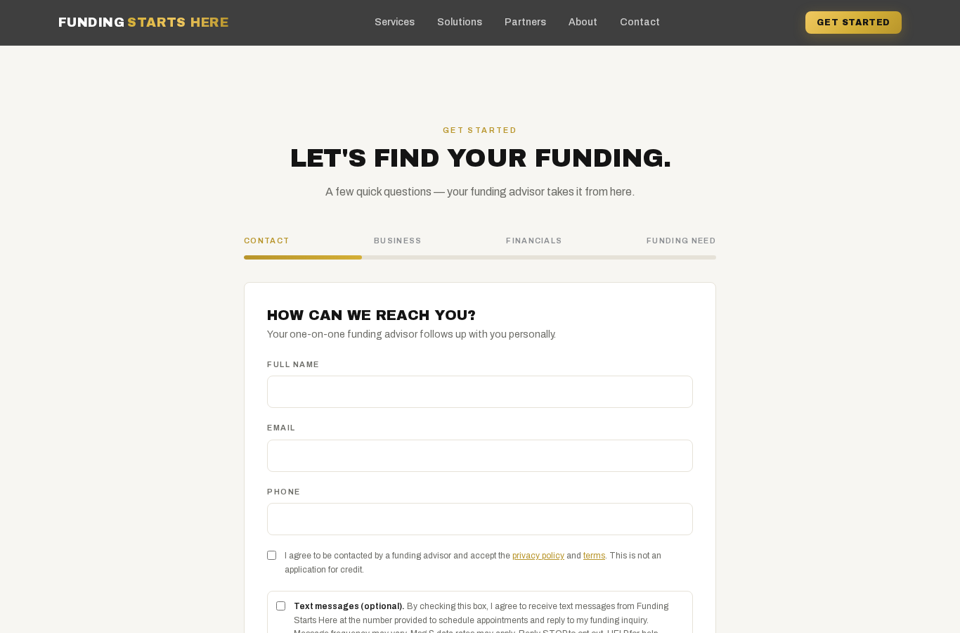 Screenshot of the FundingStartsHere application form at /apply showing the optional, unchecked SMS consent checkbox