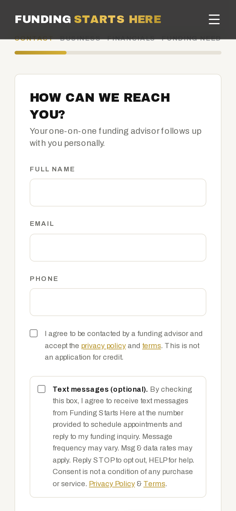 Screenshot of the FundingStartsHere application form at /apply showing the optional, unchecked SMS consent checkbox